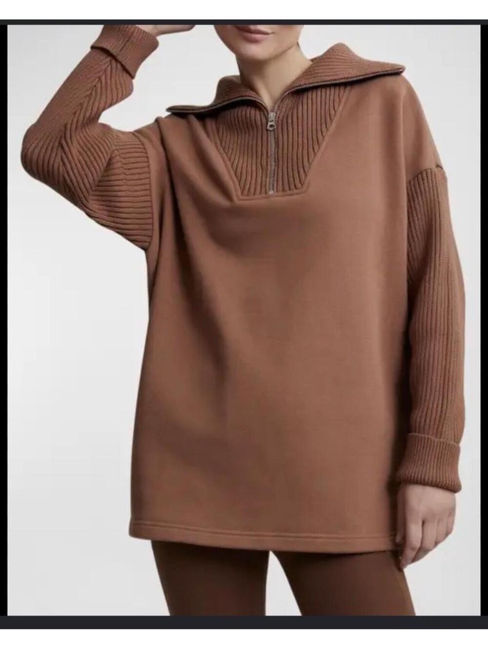 Varley Owens Half Zip Sweatshirt w/ Knit Arms In Milk Chocolate Medium $158